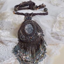 Long Brown Picasso Pendant embroidered with Picasso Jasper, Miyuki and Toho seed beads, Swarovski crystals and Bohemian glass facets